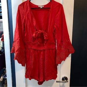 AE Red Tie-Front Lace Romper